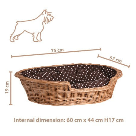 Esmira Natural Wicker Dog Bed With Polka Dot Cushion, 65x43 cm