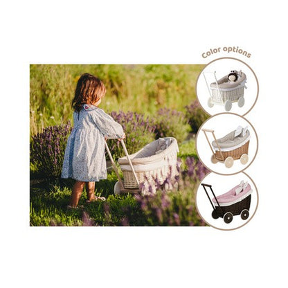 Natural Wicker Doll Pram Luna – Beige Bedding