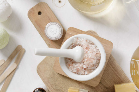 Top view of Lavender Bath Salt Soak - Epsom Dead Sea and pink Himalayan salt jar | Lizush