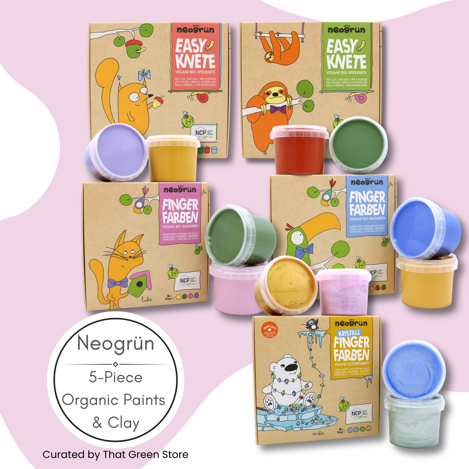 Five Neogrün Neosrun children's paint and clay kits arranged on a pastel pink background. The set includes illustrated kraft paper boxes and small plastic tubs of paint in multiple colors such as purple, yellow, green, orange, pink, and blue.
