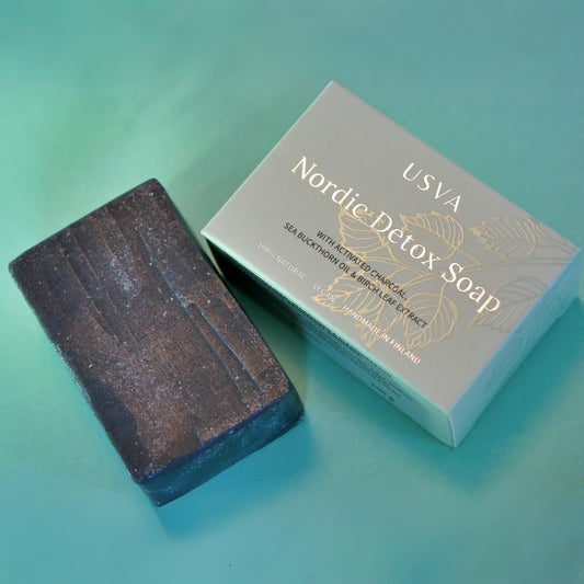 Zero waste plastic-free packaging of USVA Cosmetics Nordic Detox Soap.