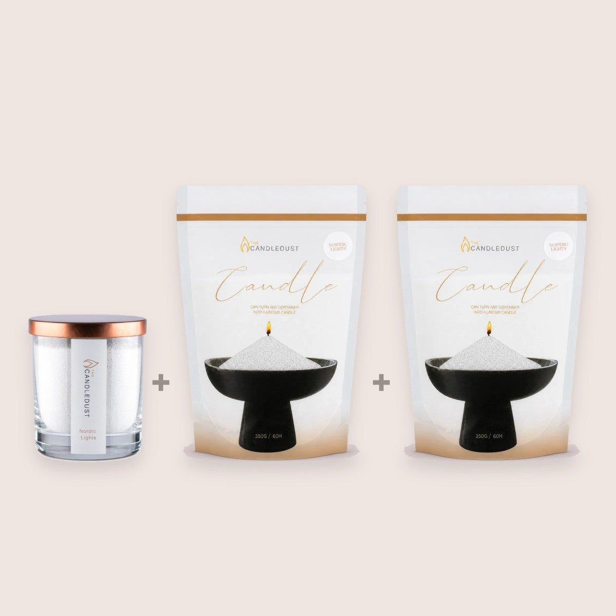 Candledust Nordic Lights Starter Set including a 160g glass candle and two 350g pearled candle sand refill pouches