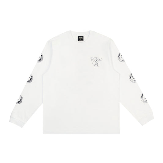 Official Moomin Novels white unisex long sleeve shirt front view with ribbed cuffs