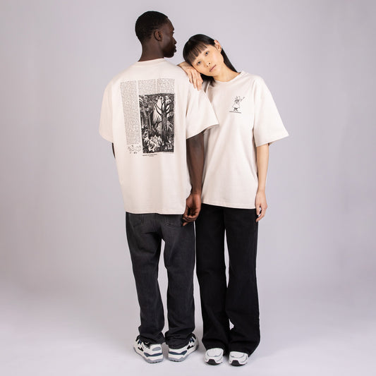 Male and Female models styled in the Moomin Novels Unisex T-Shirt Beige - Casual Scandi apparel.