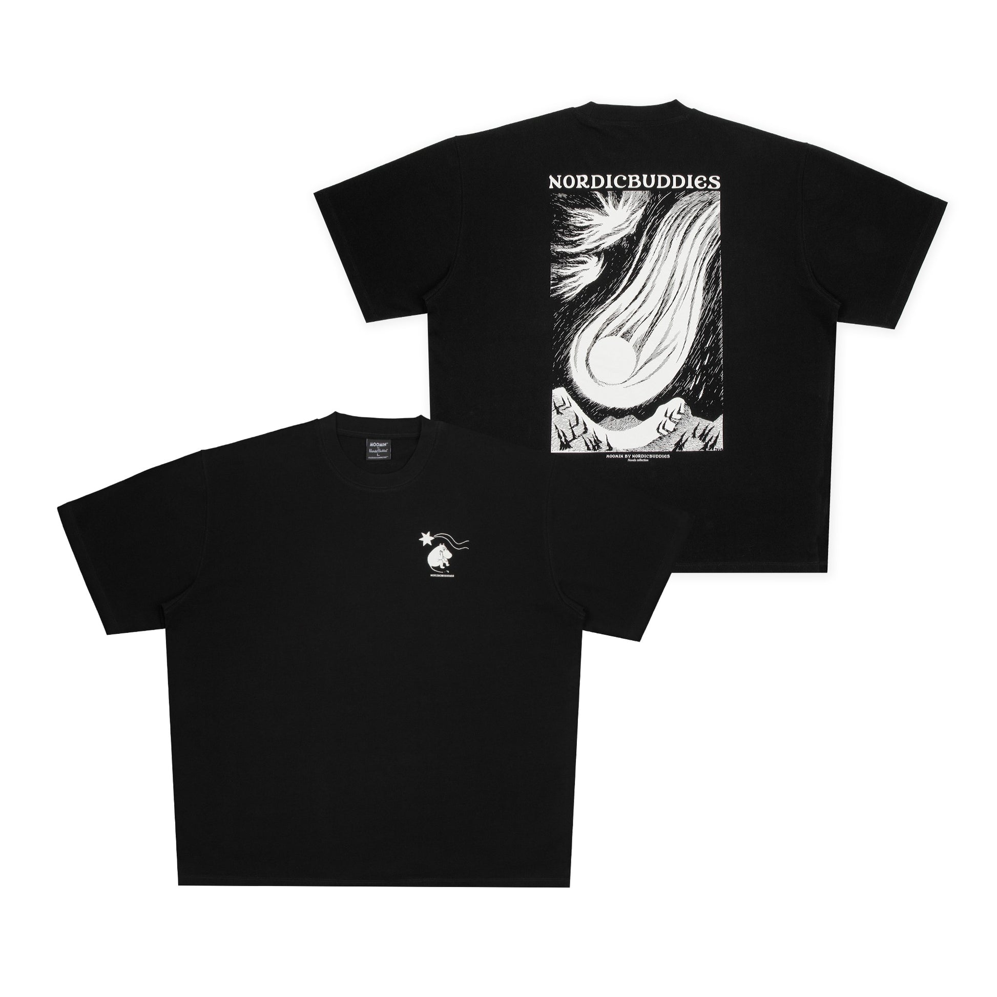 Black t-shirt with graphic design on front and back, featuring the brand 'Nordicbuddies'.
