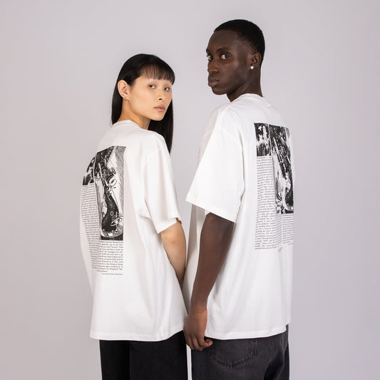 Male and Female model styled in the unisex Moomin Novels Heavy T-Shirt White - Casual Scandi apparel.