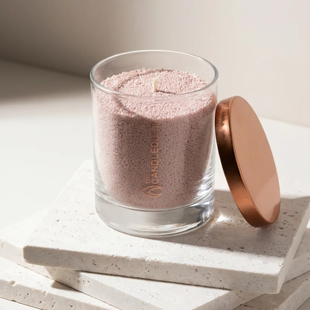 Modern minimalist interior styling featuring an unlit Nude unscented glass candle displayed on a tile