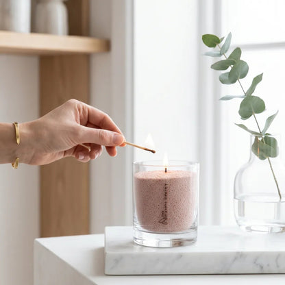 Close-up of a woman's hand lighting the cotton wick of a Nude unscented pearled sand candle in glass
