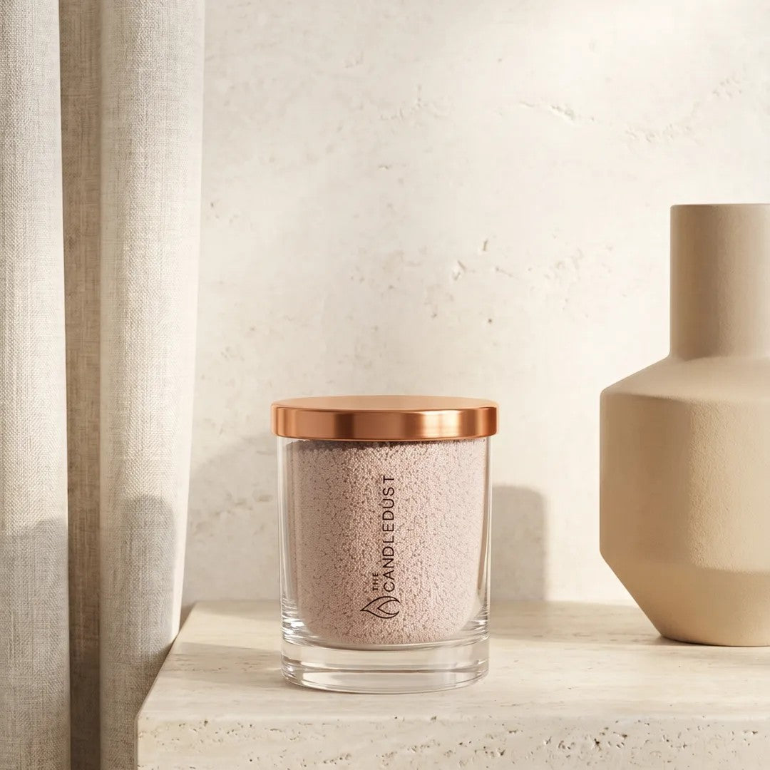 Modern minimalist interior styling featuring an unlit Nude unscented glass candle displayed on a shelf