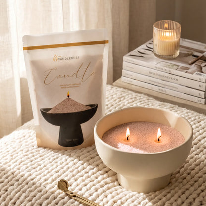 Elegant vase filled with Nude pearled candle sand and lit cotton wicks r