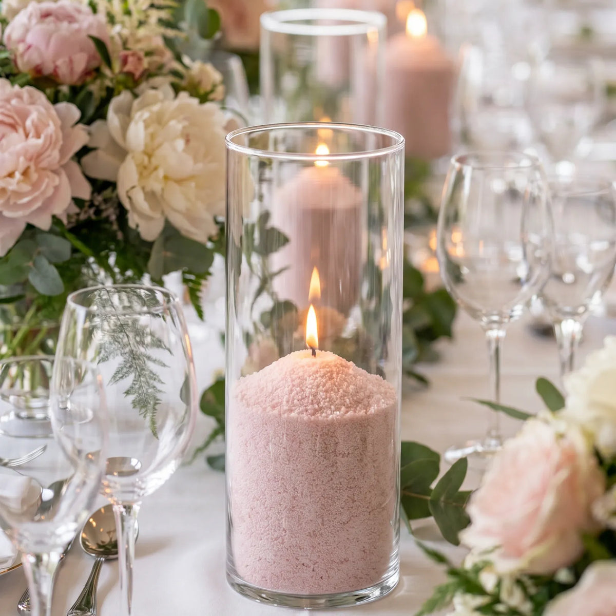 Close up of elegant dining table beautifully set for a dinner party with a glowing Nude glass sand candle at each place setting