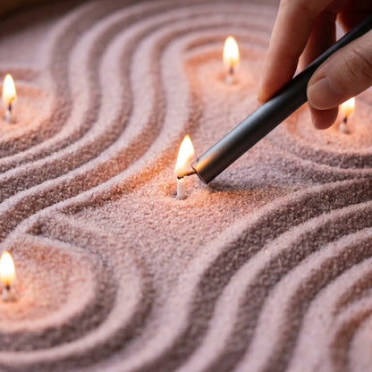 Close-up of a woman's hand lighting the cotton wick of a Nude pearled sand candle