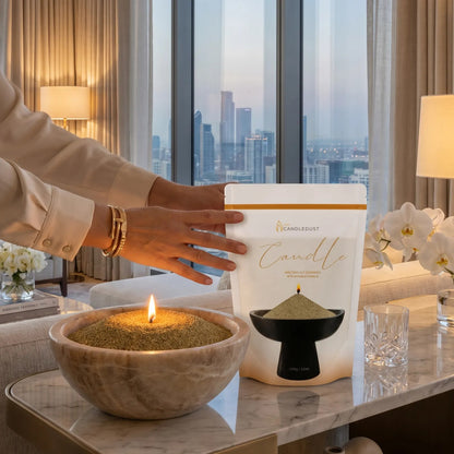 Elegant living room atmosphere with an Olive Green pearled sand candle burning cleanly on a marble table