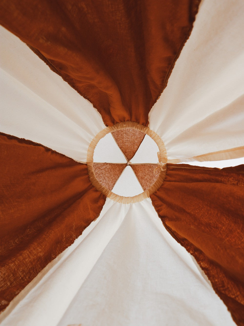 Detail of Moi Mili Caramel Circus Canopy - Striped caramel and cream organic cotton and linen blend