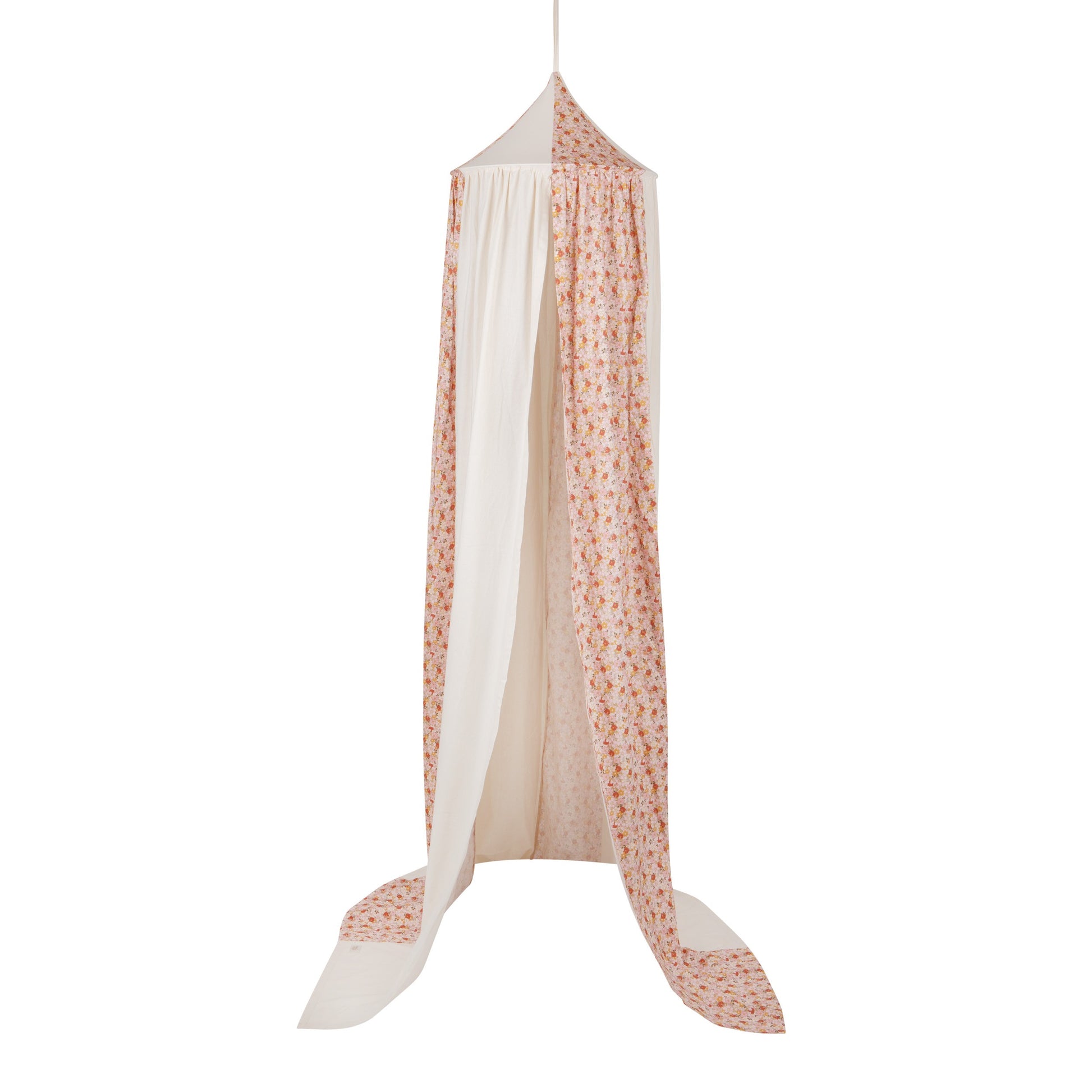 Botanical themed nursery decor featuring a flower play canopy