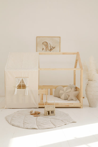 Nursery decor: Sand linen leaf playmat styled in a room