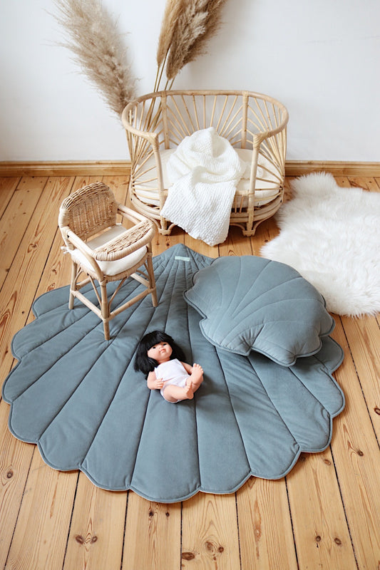 Handmade in Poland: OEKO-TEX certified Blue velvet shell playmat for nursery
