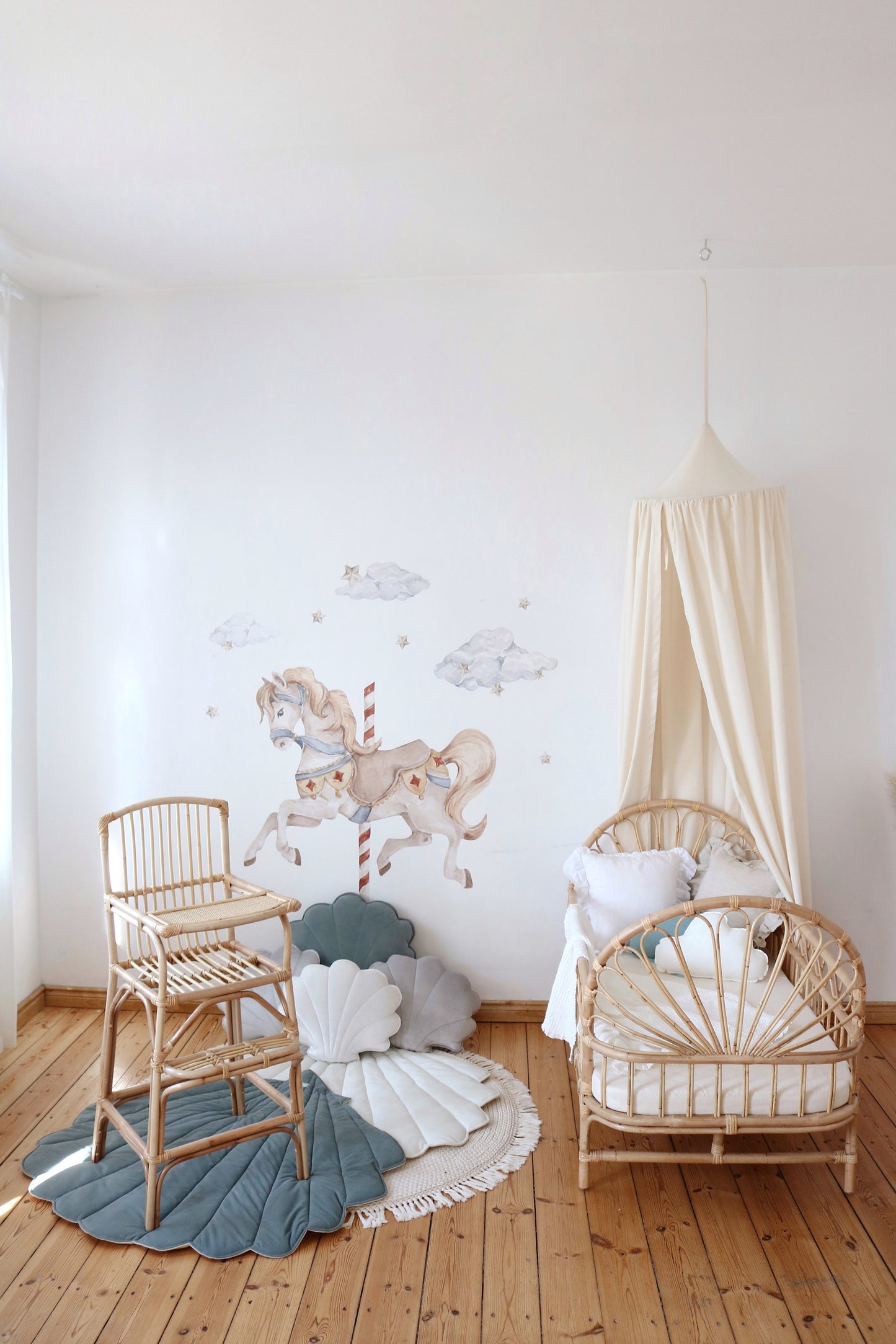 Earth-toned nursery and playroom: natural Raw Cotton Organic Cotton Canopy over a bed, with a wooden crib 