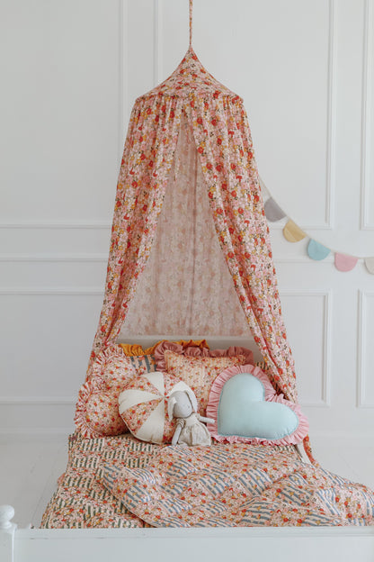Moi Mili Spring Garden Organic Cotton Canopy - Floral print hanging bed canopy in 100% cotton on the bed 