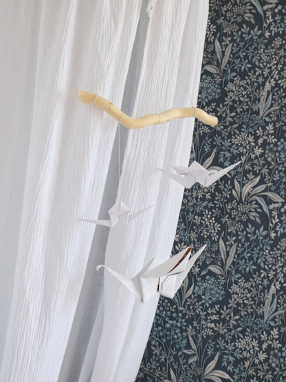 Handmade in Poland: OEKO-TEX certified white origami mobile with a natural wooden hoop