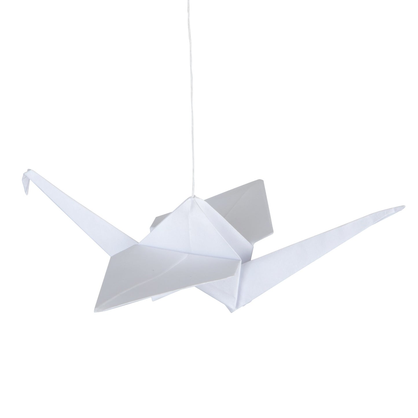 Detailed view of the crisp white fabric and geometric origami folds of the nursery mobile