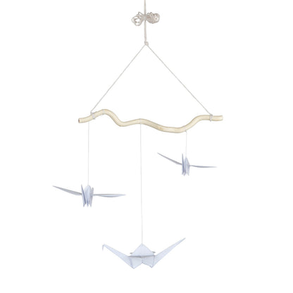 White nursery mobile featuring lightweight hanging elements and a sturdy frame