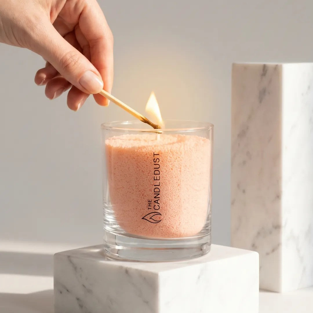 Close-up of a woman's hand lighting the cotton wick of a Peach unscented pearled sand candle in glass