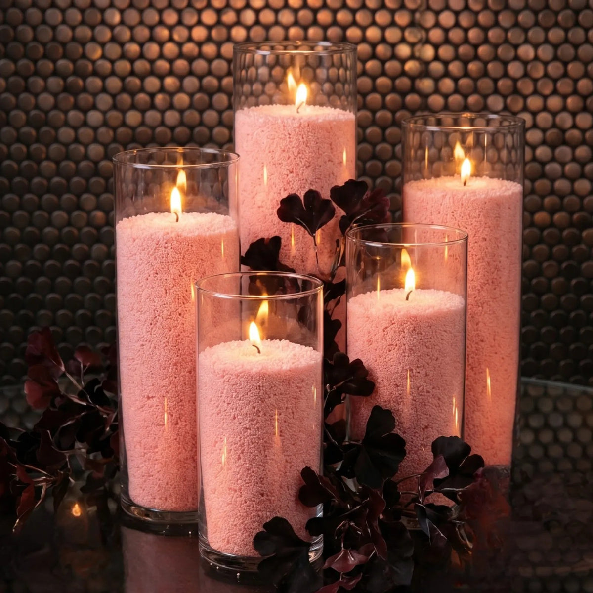 Cozy living room atmosphere with a Peach pearled sand candle burning cleanly on a elegant table