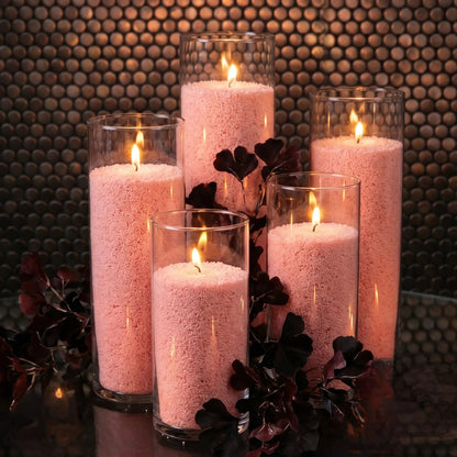 Cozy living room atmosphere with a Peach pearled sand candle burning cleanly on a elegant table