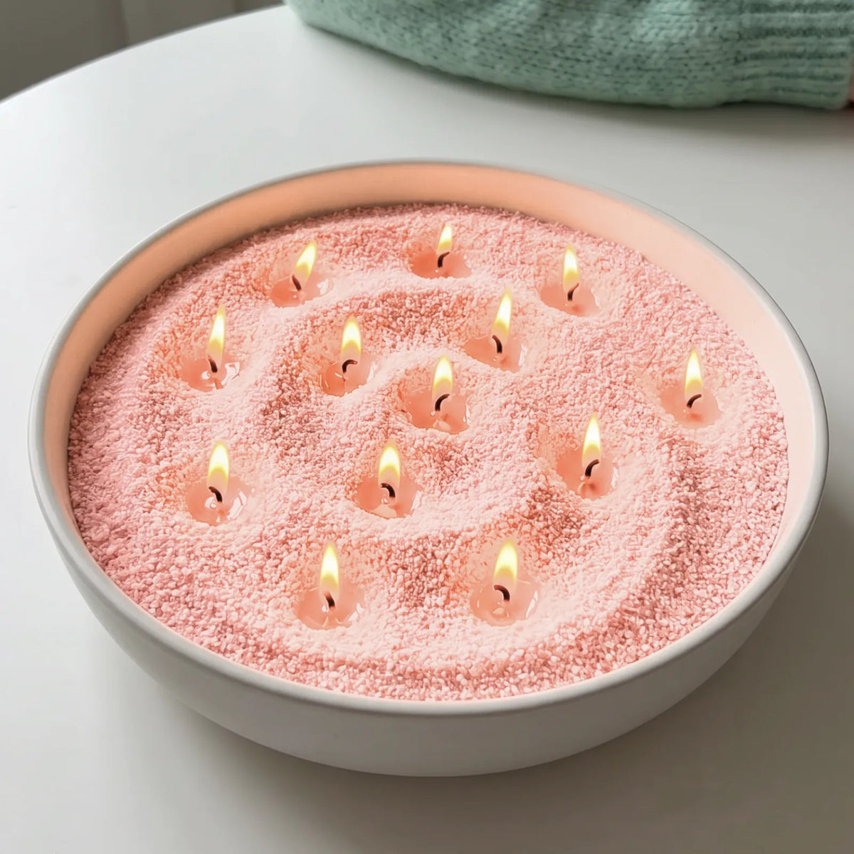 Large decorative vase filled with Peach pearled candle sand and multiple lit cotton wicks burning cleanly
