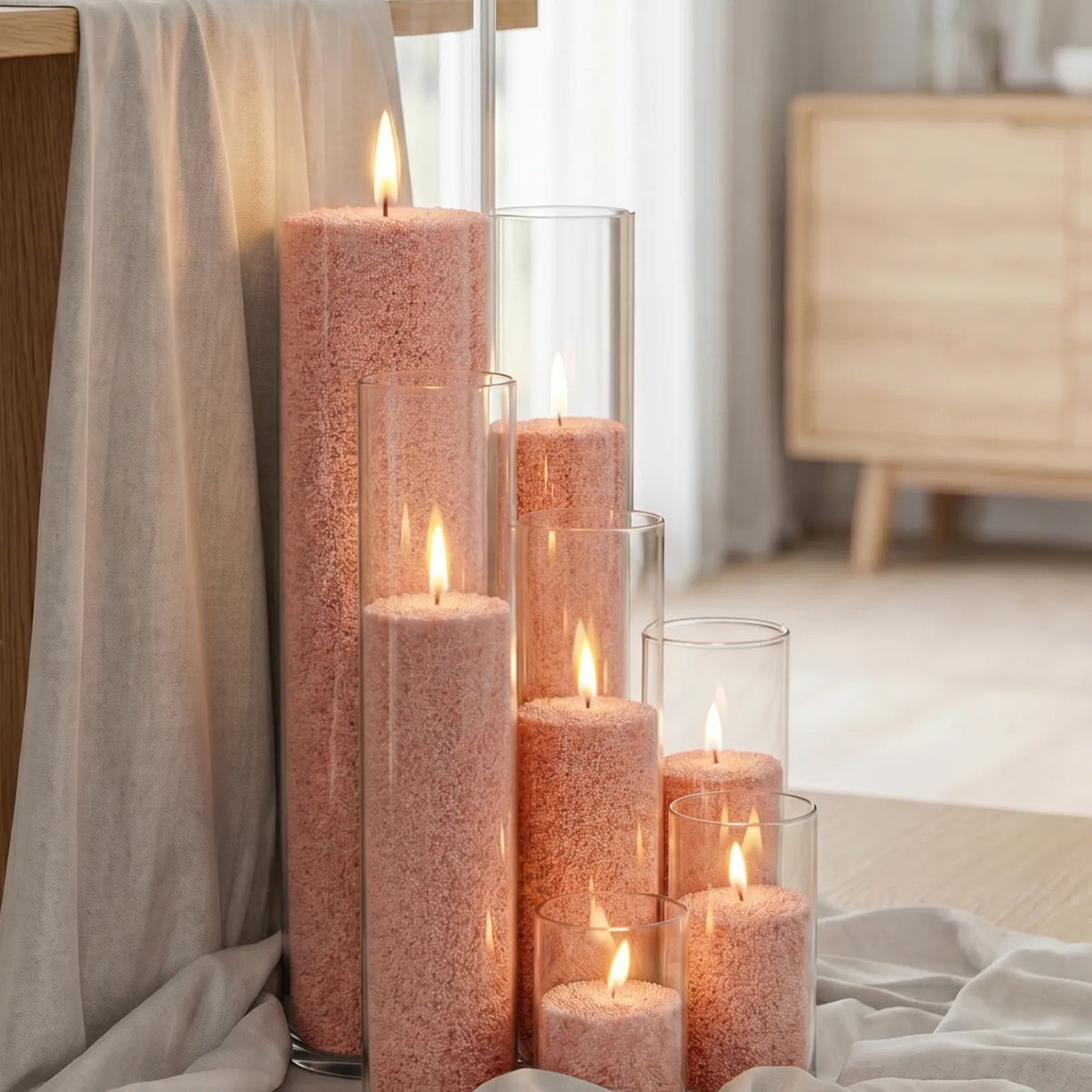 Glass vases of various heights filled with burning Peach pearled candle sand creating a glowing cluster