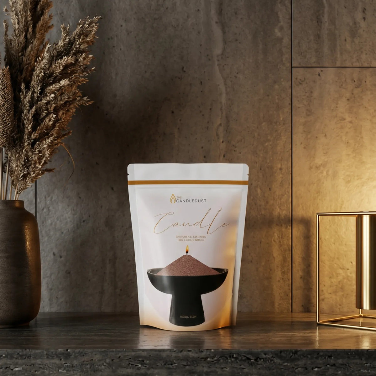Modern home interior styling featuring an unlit Pecan pearled sand candle and 1kg refill pouch 