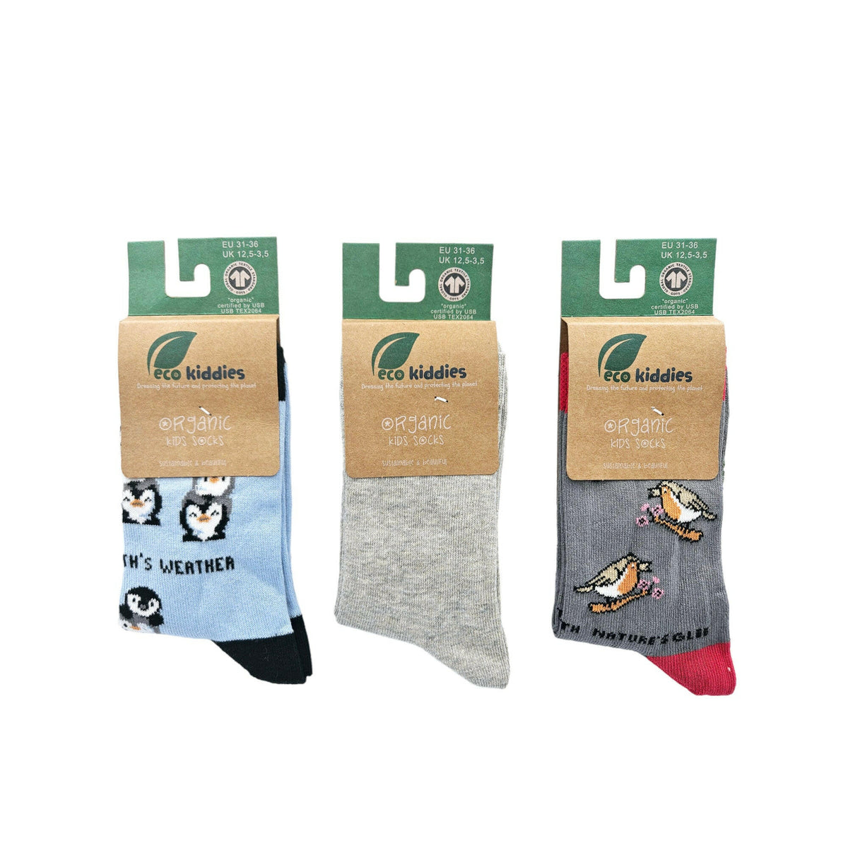 Nature's Friends 3-pack organic cotton kids socks bundle featuring penguin, robin, and plain styles | Eco Kiddies