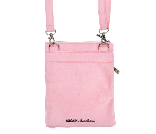 Back view of the pink Moomintroll Under The Tree Neck/Passport Bag on a clean background