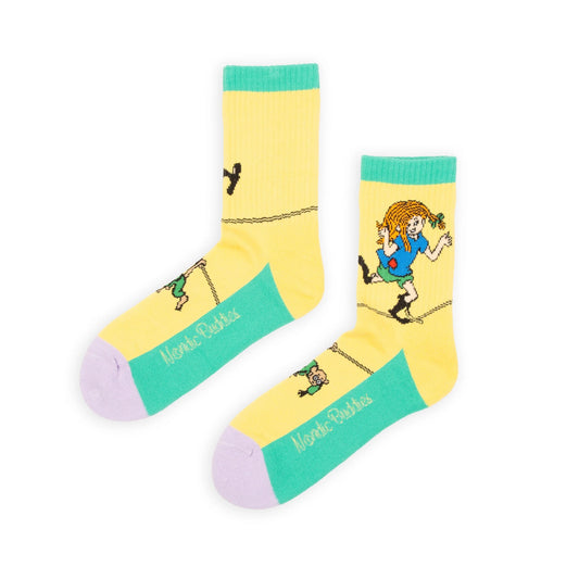 Official Pippi Longstocking Pippi and the Tightrope yellow panel socks for women full view