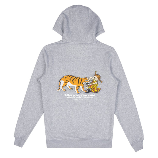Official Pippi Longstocking grey unisex heavy hoodie back view with hood and kangaroo pocket