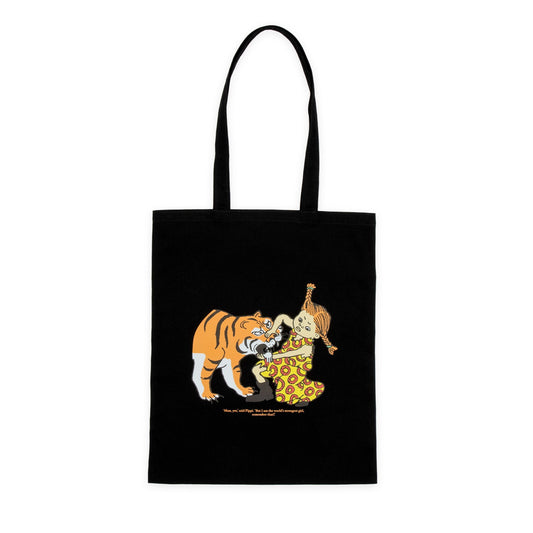 Official Pippi Longstocking tiger black heavy cotton tote bag front view