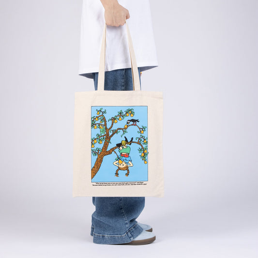 Model wearing Pippi Longstocking upside down cotton tote bag different view