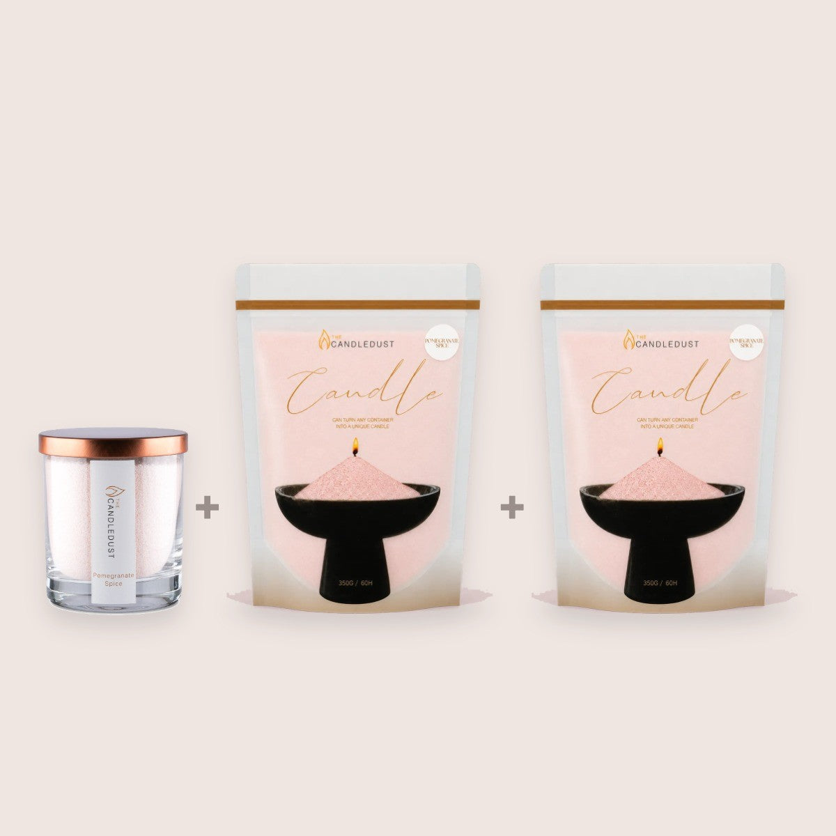 Candledust Pomegranate Spice Starter Set including a 160g glass candle and two 350g pearled candle sand refill pouches