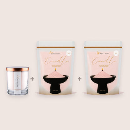Candledust Pomegranate Spice Starter Set including a 160g glass candle and two 350g pearled candle sand refill pouches