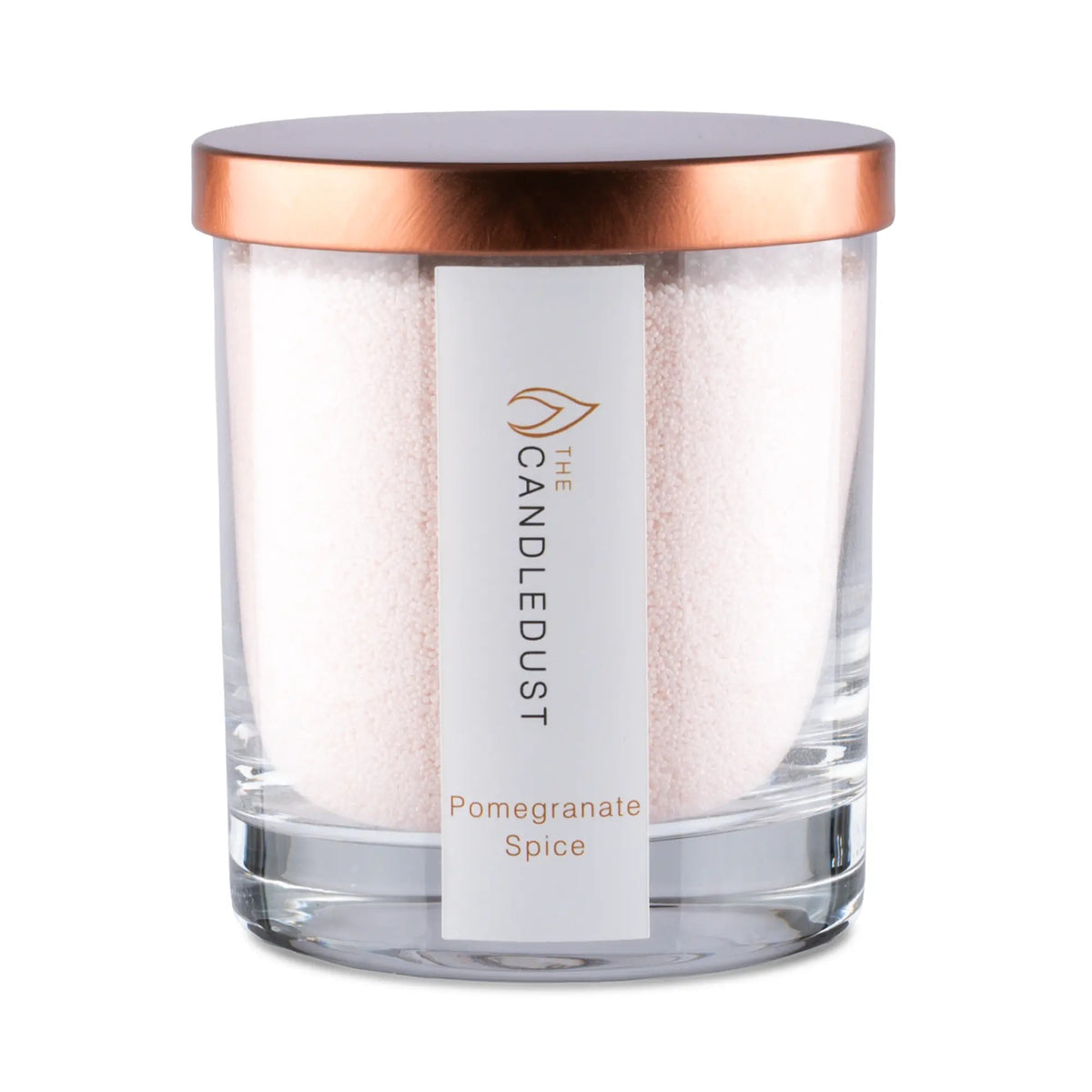 Candledust Pomegranate Spice rich scented pearled candle in a 160g transparent glass jar with natural cotton wick