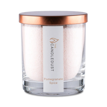 Candledust Pomegranate Spice rich scented pearled candle in a 160g transparent glass jar with natural cotton wick