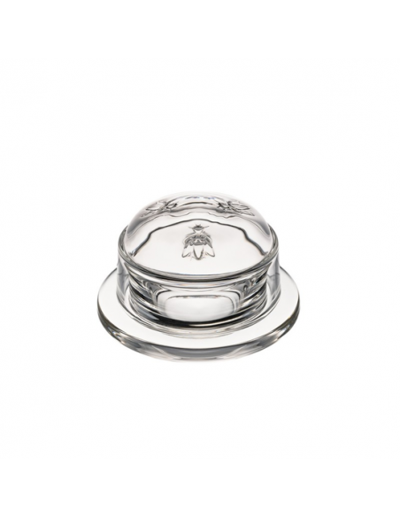 Main product photograph of the clear La Rochère Bee glass butter dish set, featuring the base and matching domed cover with the embossed bee motif