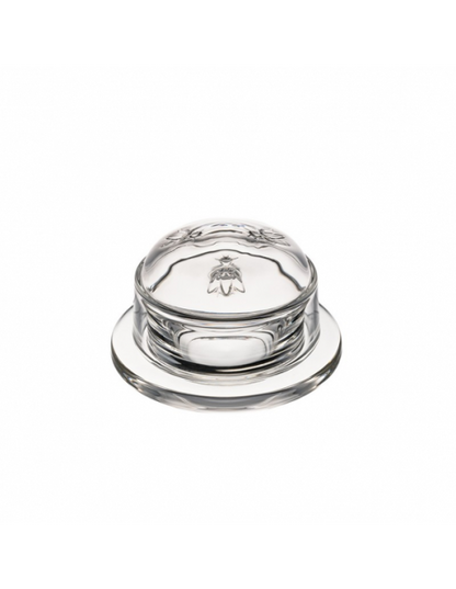 Main product photograph of the clear La Rochère Bee glass butter dish set, featuring the base and matching domed cover with the embossed bee motif