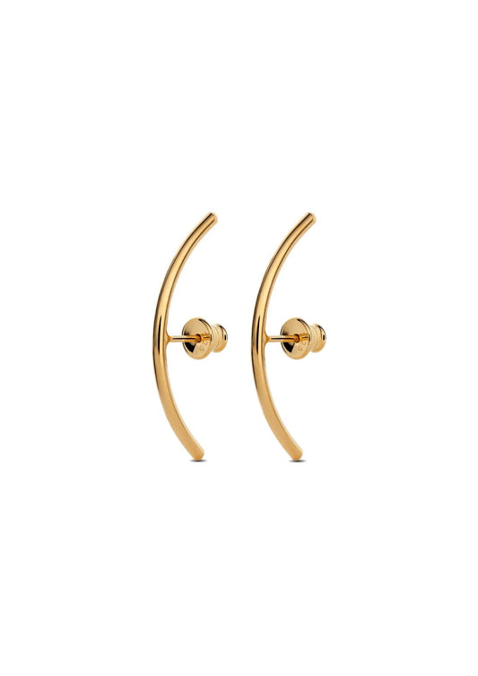 Pair of geometric gold Radius Earrings displayed on a bright white background.