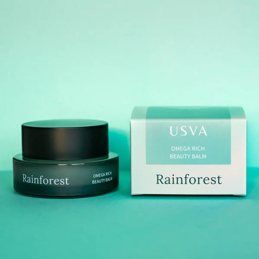 Packaging of USVA Cosmetics Rainforest Omega Rich Beauty Balm in a 30ml jar.