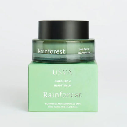 Usva Rainforest omega rich beauty balm with packaging on a clear background