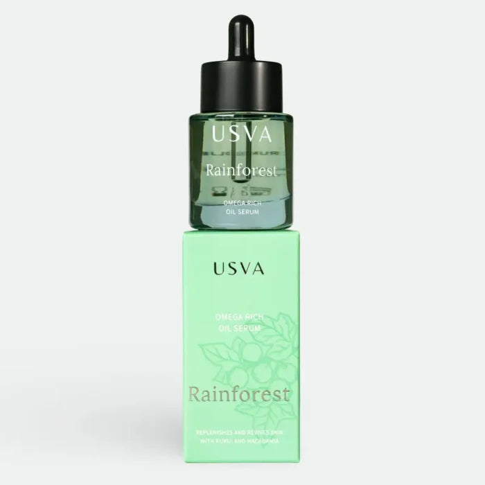 USVA Rainforest skincare oil serum with packaging on a light gray background