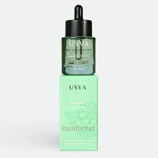 USVA Rainforest skincare oil serum with packaging on a light gray background