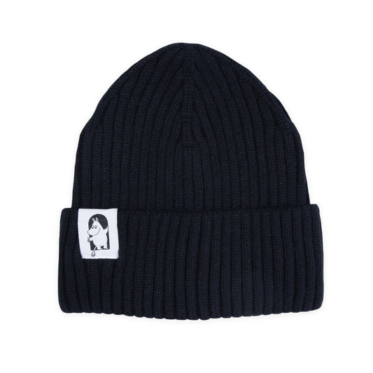 Official Moomin x Red Cross black knit beanie for adults front view